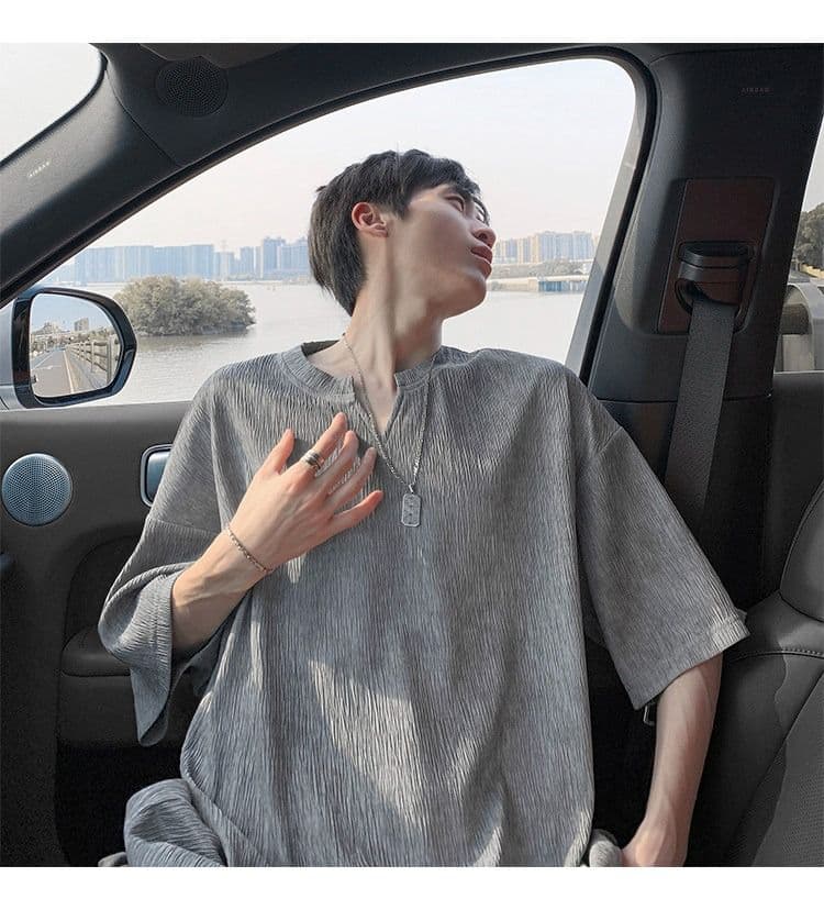 2026 새로운 홀치기 염색 질감 센스 얼음 실크 V넥 반팔 티셔츠 남자 여름 얇은 스타일 루즈핏 반소매 동정 맨위 상세 이미지 18