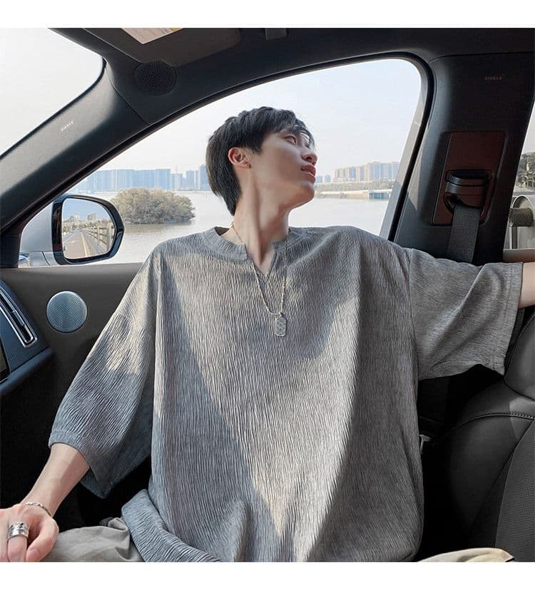 2026 새로운 홀치기 염색 질감 센스 얼음 실크 V넥 반팔 티셔츠 남자 여름 얇은 스타일 루즈핏 반소매 동정 맨위 상세 이미지 21