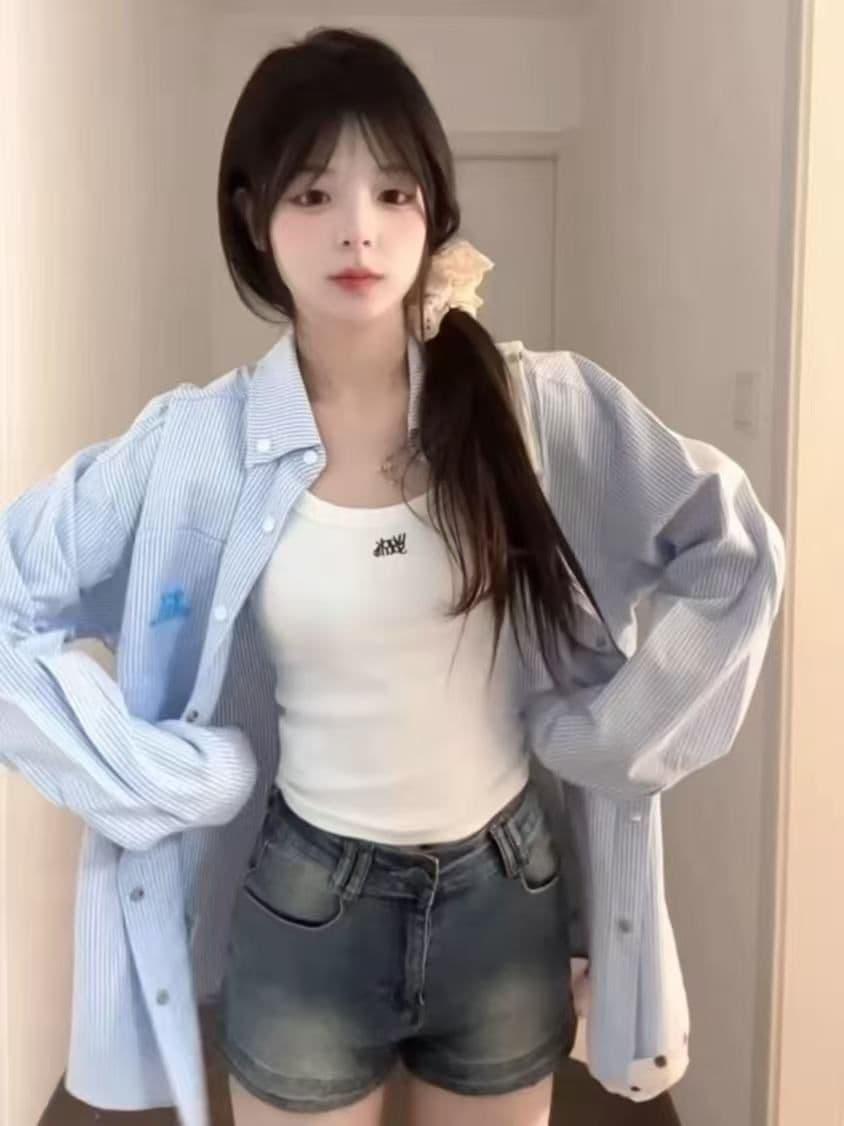 강아지 자수 스트라이프 자외선 차단 셔츠 여성 코트 봄 여름 새로운 디자인 센스 루즈핏 캐주얼 POLO 칼라 셔츠 이미지 4