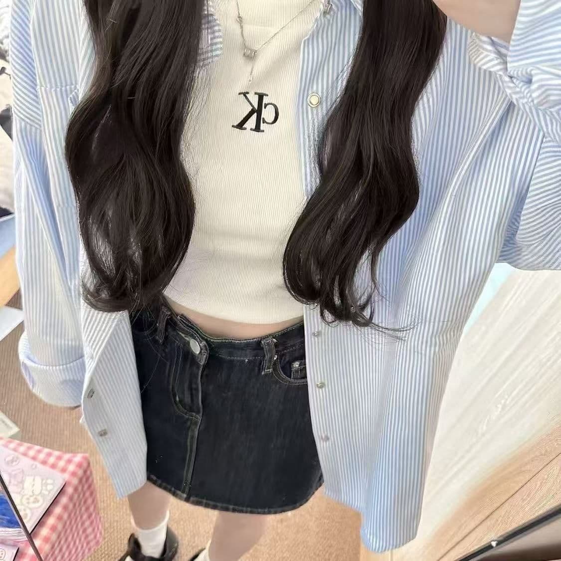 강아지 자수 스트라이프 자외선 차단 셔츠 여성 코트 봄 여름 새로운 디자인 센스 루즈핏 캐주얼 POLO 칼라 셔츠 상세 이미지 3