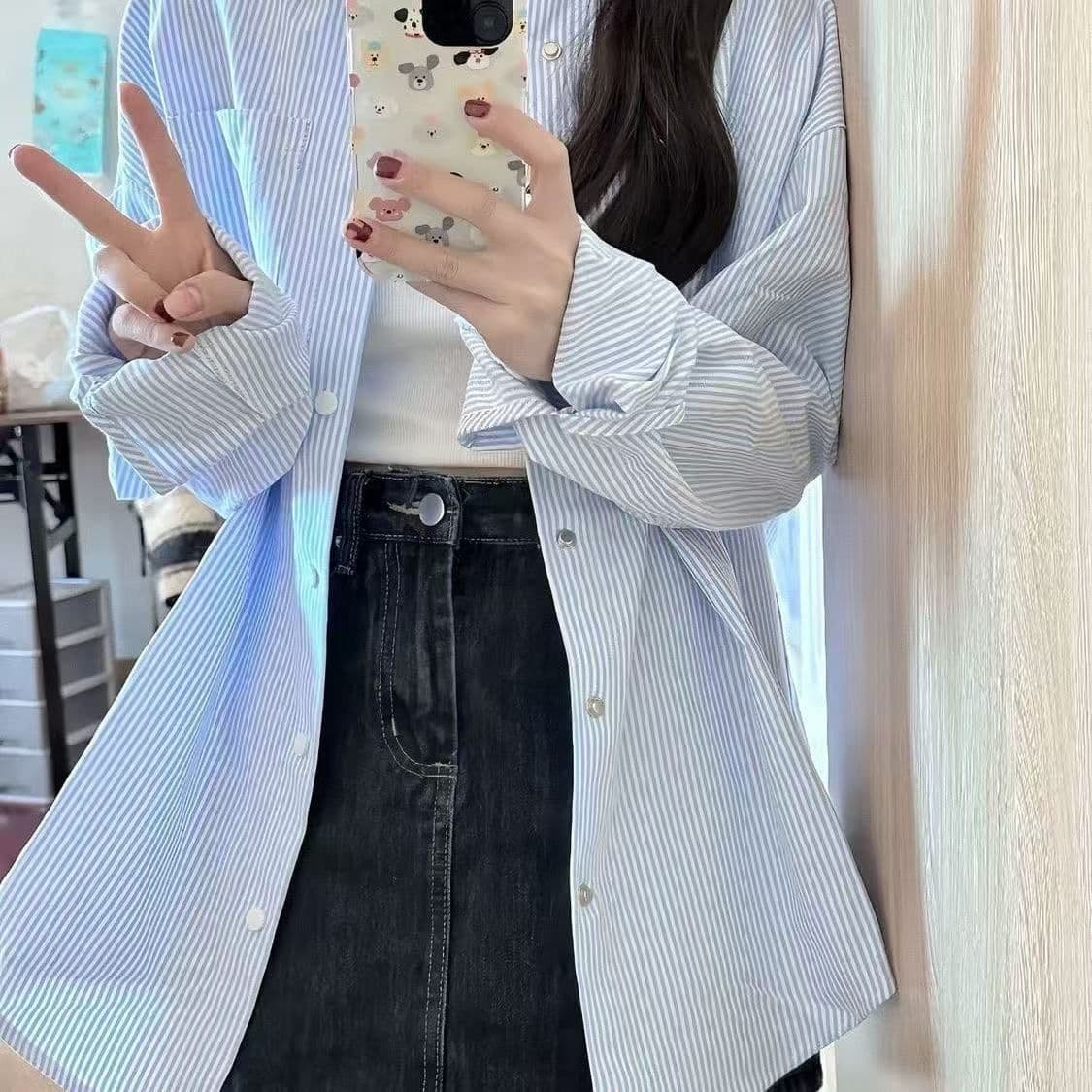 강아지 자수 스트라이프 자외선 차단 셔츠 여성 코트 봄 여름 새로운 디자인 센스 루즈핏 캐주얼 POLO 칼라 셔츠 상세 이미지 5
