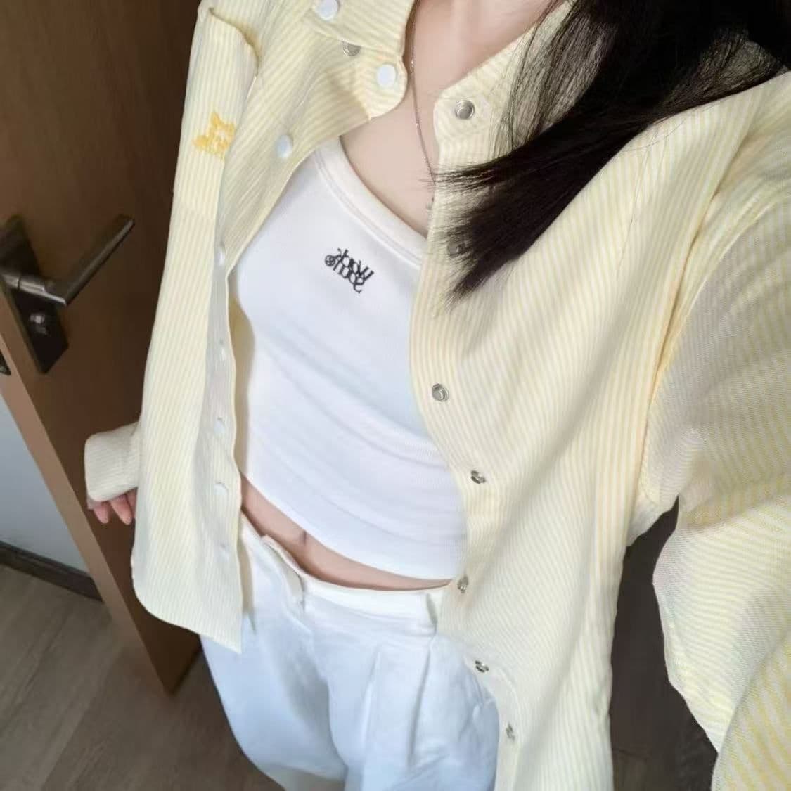 강아지 자수 스트라이프 자외선 차단 셔츠 여성 코트 봄 여름 새로운 디자인 센스 루즈핏 캐주얼 POLO 칼라 셔츠 상세 이미지 6