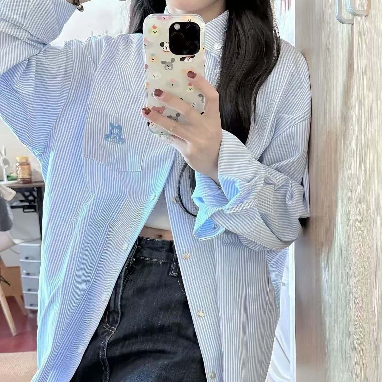 강아지 자수 스트라이프 자외선 차단 셔츠 여성 코트 봄 여름 새로운 디자인 센스 루즈핏 캐주얼 POLO 칼라 셔츠 상세 이미지 10