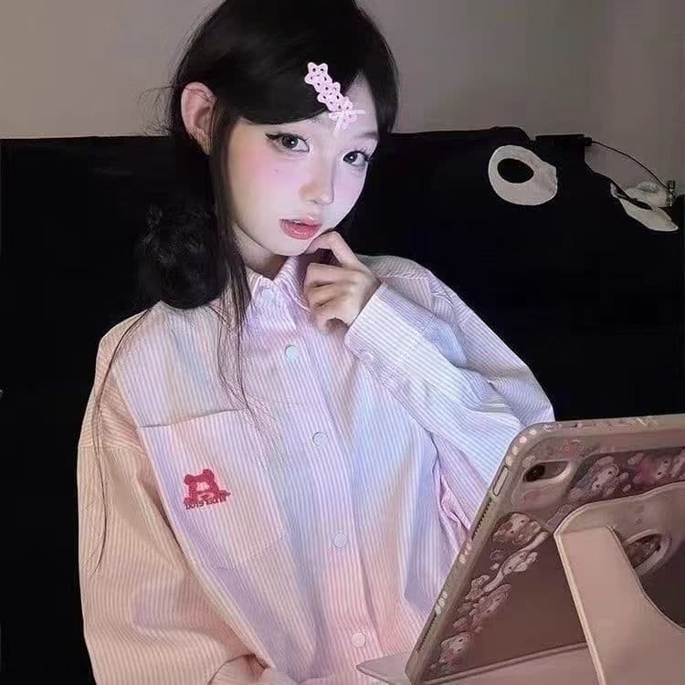 강아지 자수 스트라이프 자외선 차단 셔츠 여성 코트 봄 여름 새로운 디자인 센스 루즈핏 캐주얼 POLO 칼라 셔츠 상세 이미지 11