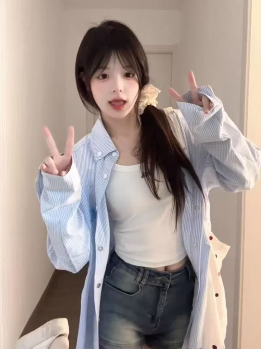 강아지 자수 스트라이프 자외선 차단 셔츠 여성 코트 봄 여름 새로운 디자인 센스 루즈핏 캐주얼 POLO 칼라 셔츠 상세 이미지 12