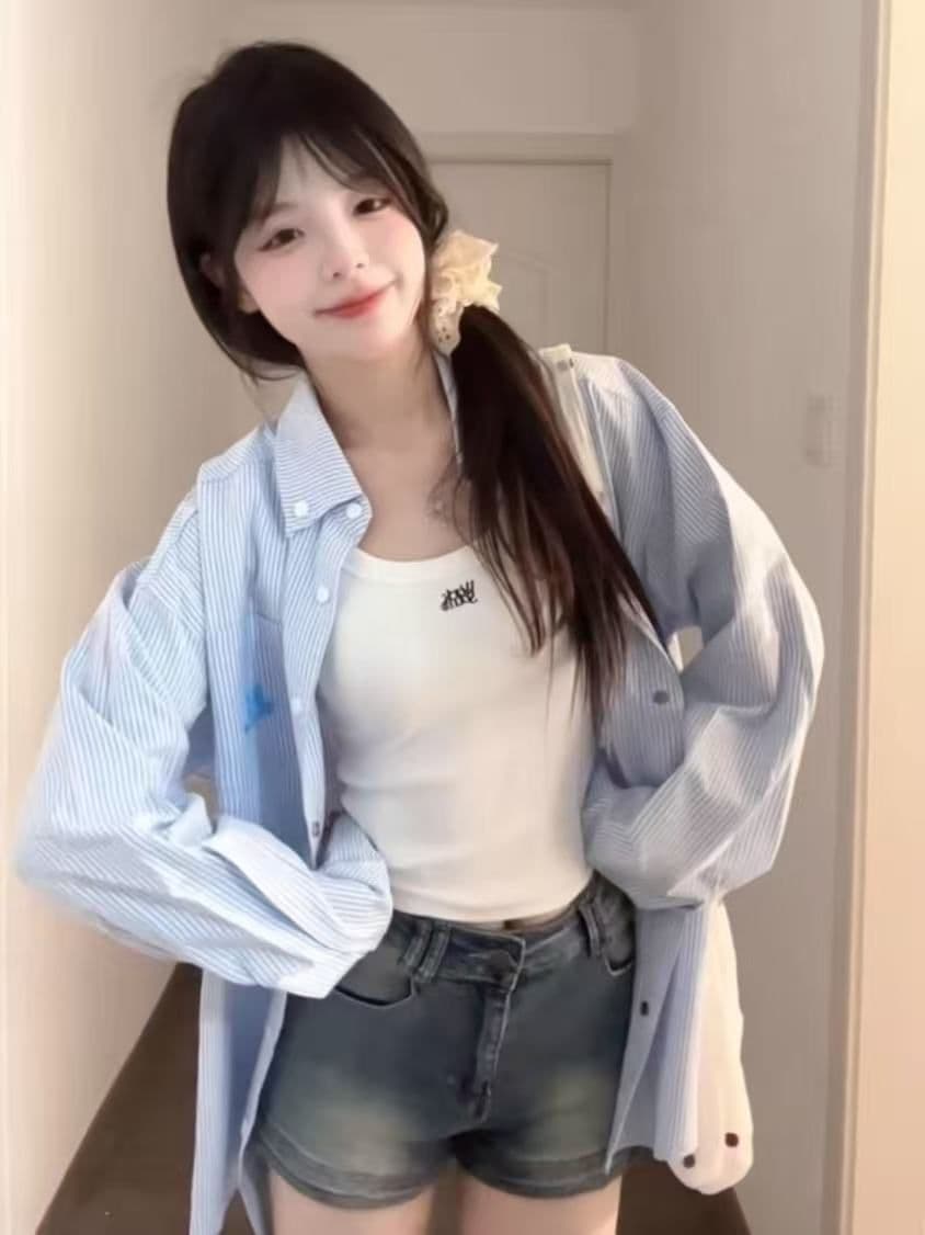 강아지 자수 스트라이프 자외선 차단 셔츠 여성 코트 봄 여름 새로운 디자인 센스 루즈핏 캐주얼 POLO 칼라 셔츠 상세 이미지 13