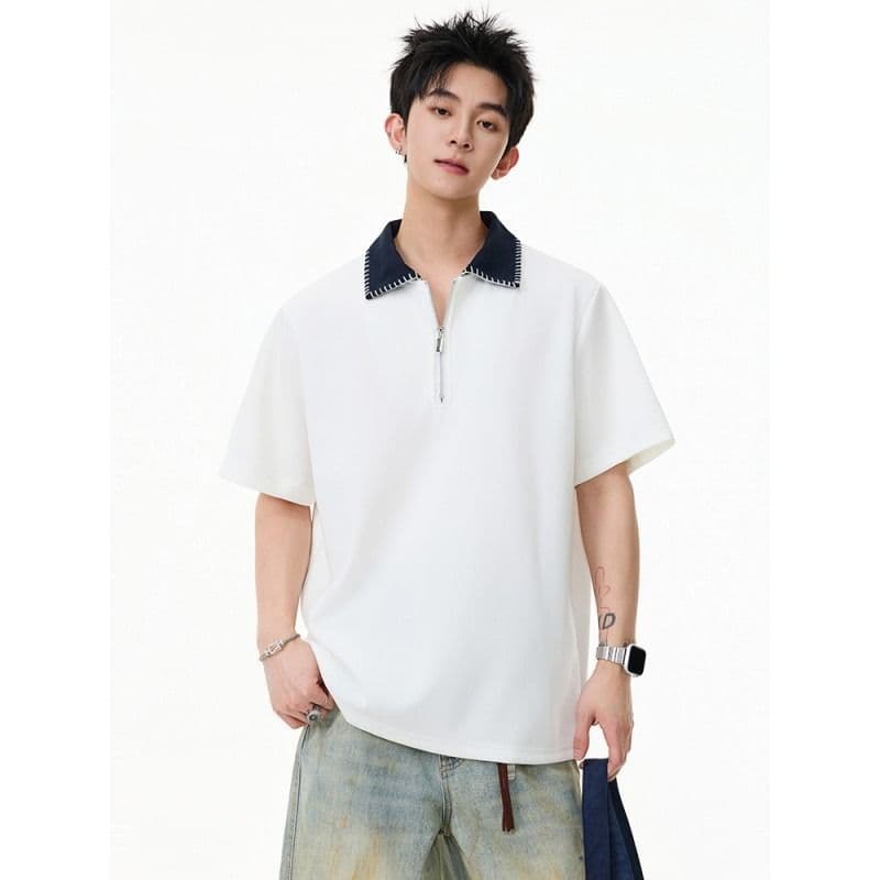 손 바느질 cleanfit 하프 지퍼 POLO 셔츠 반팔 남자 2026 새로운 여름 아메리칸 악당 잘 생긴 긍정적 인 어깨 티셔츠 이미지 3