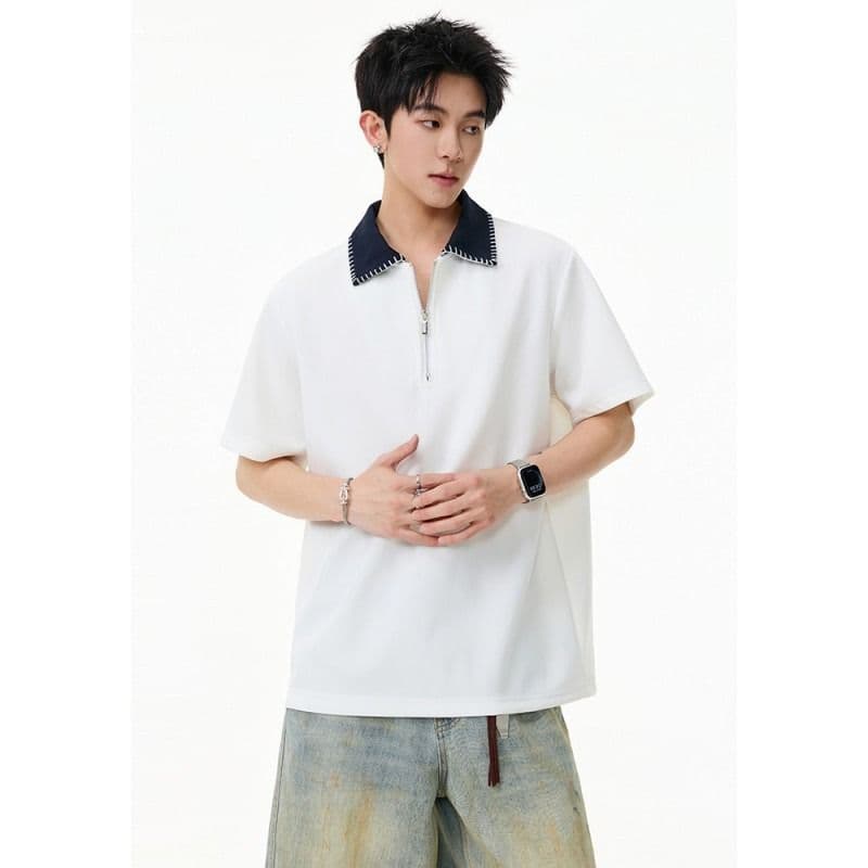 손 바느질 cleanfit 하프 지퍼 POLO 셔츠 반팔 남자 2026 새로운 여름 아메리칸 악당 잘 생긴 긍정적 인 어깨 티셔츠