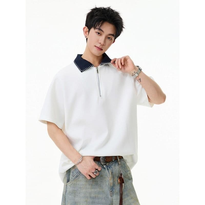 손 바느질 cleanfit 하프 지퍼 POLO 셔츠 반팔 남자 2026 새로운 여름 아메리칸 악당 잘 생긴 긍정적 인 어깨 티셔츠 이미지 5