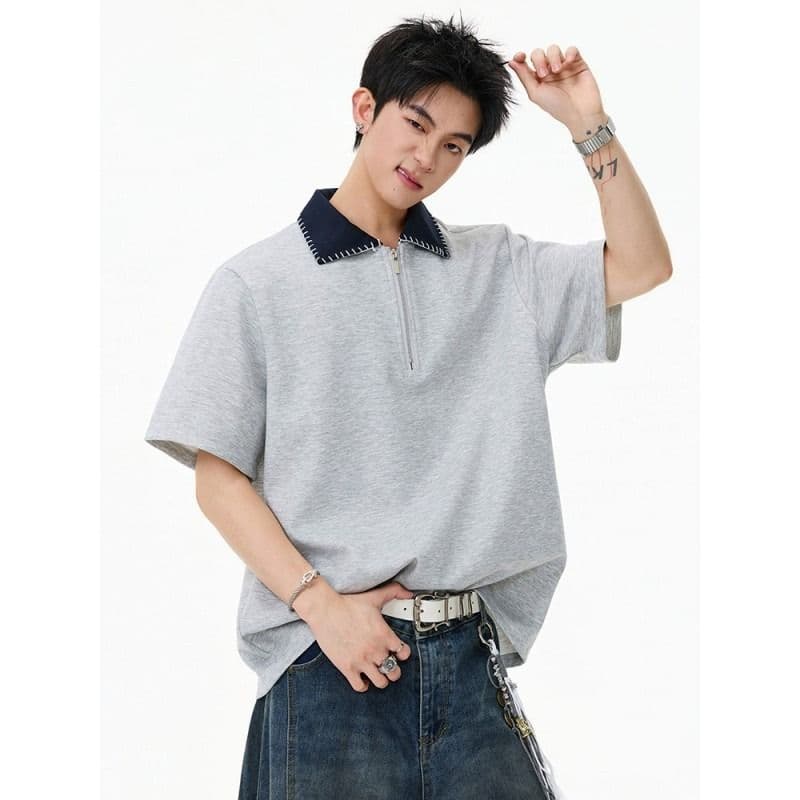 손 바느질 cleanfit 하프 지퍼 POLO 셔츠 반팔 남자 2026 새로운 여름 아메리칸 악당 잘 생긴 긍정적 인 어깨 티셔츠 이미지 4