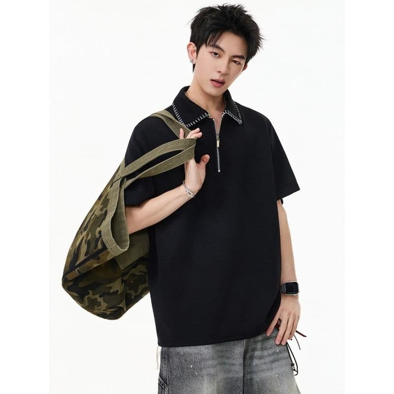 손 바느질 cleanfit 하프 지퍼 POLO 셔츠 반팔 남자 2026 새로운 여름 아메리칸 악당 잘 생긴 긍정적 인 어깨 티셔츠 이미지 2
