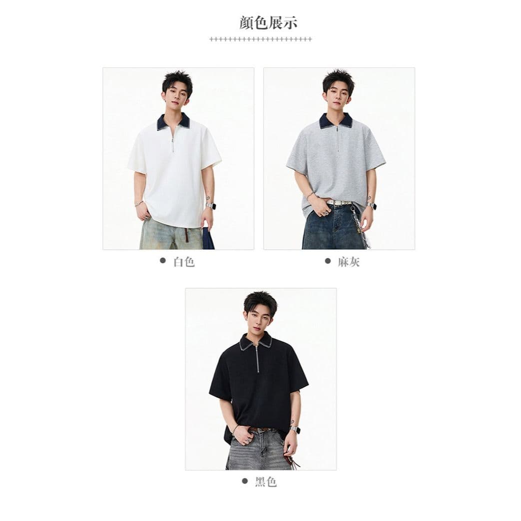 손 바느질 cleanfit 하프 지퍼 POLO 셔츠 반팔 남자 2026 새로운 여름 아메리칸 악당 잘 생긴 긍정적 인 어깨 티셔츠 상세 이미지 1