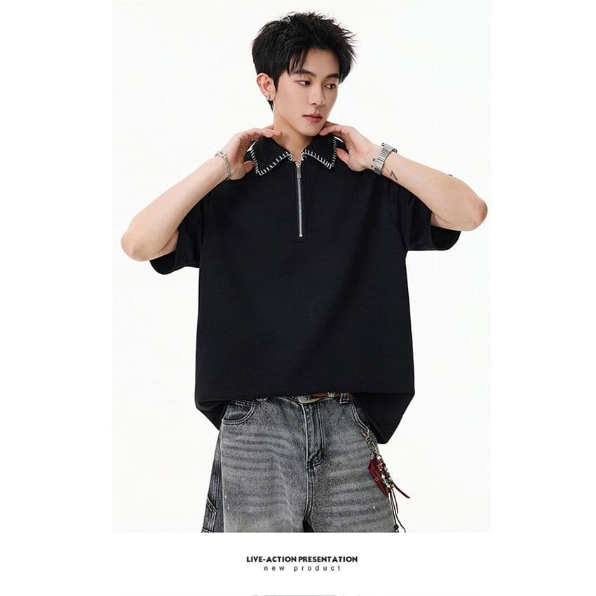 손 바느질 cleanfit 하프 지퍼 POLO 셔츠 반팔 남자 2026 새로운 여름 아메리칸 악당 잘 생긴 긍정적 인 어깨 티셔츠 상세 이미지 2