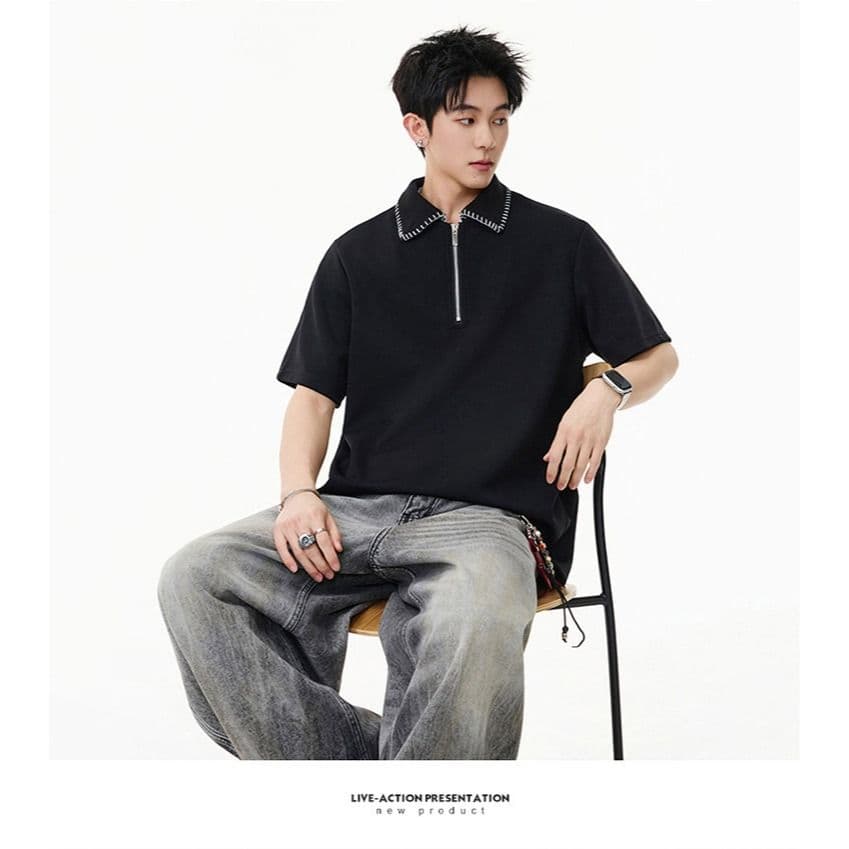 손 바느질 cleanfit 하프 지퍼 POLO 셔츠 반팔 남자 2026 새로운 여름 아메리칸 악당 잘 생긴 긍정적 인 어깨 티셔츠 상세 이미지 3
