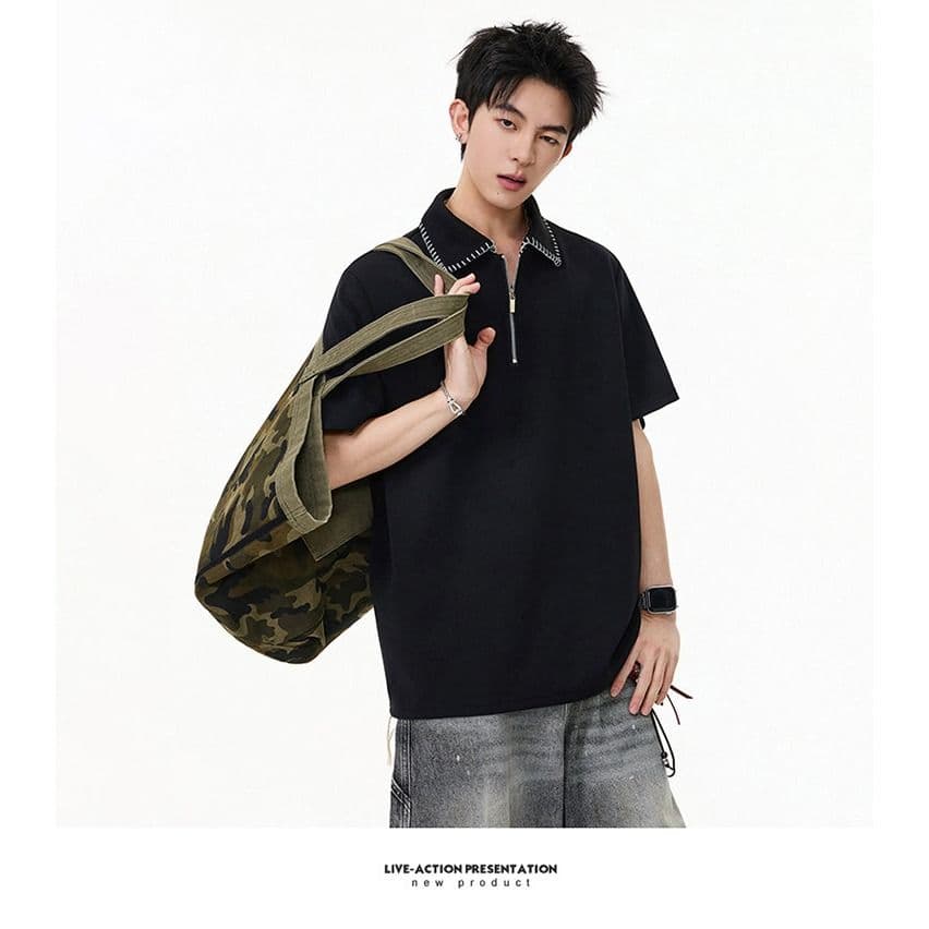손 바느질 cleanfit 하프 지퍼 POLO 셔츠 반팔 남자 2026 새로운 여름 아메리칸 악당 잘 생긴 긍정적 인 어깨 티셔츠 상세 이미지 4