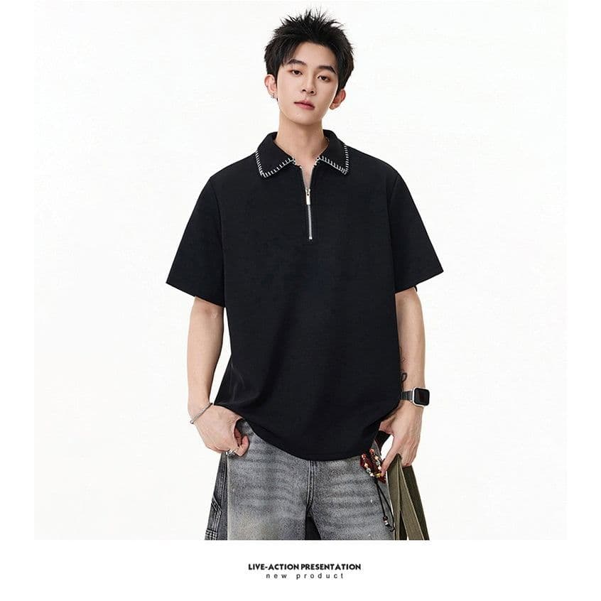 손 바느질 cleanfit 하프 지퍼 POLO 셔츠 반팔 남자 2026 새로운 여름 아메리칸 악당 잘 생긴 긍정적 인 어깨 티셔츠 상세 이미지 5