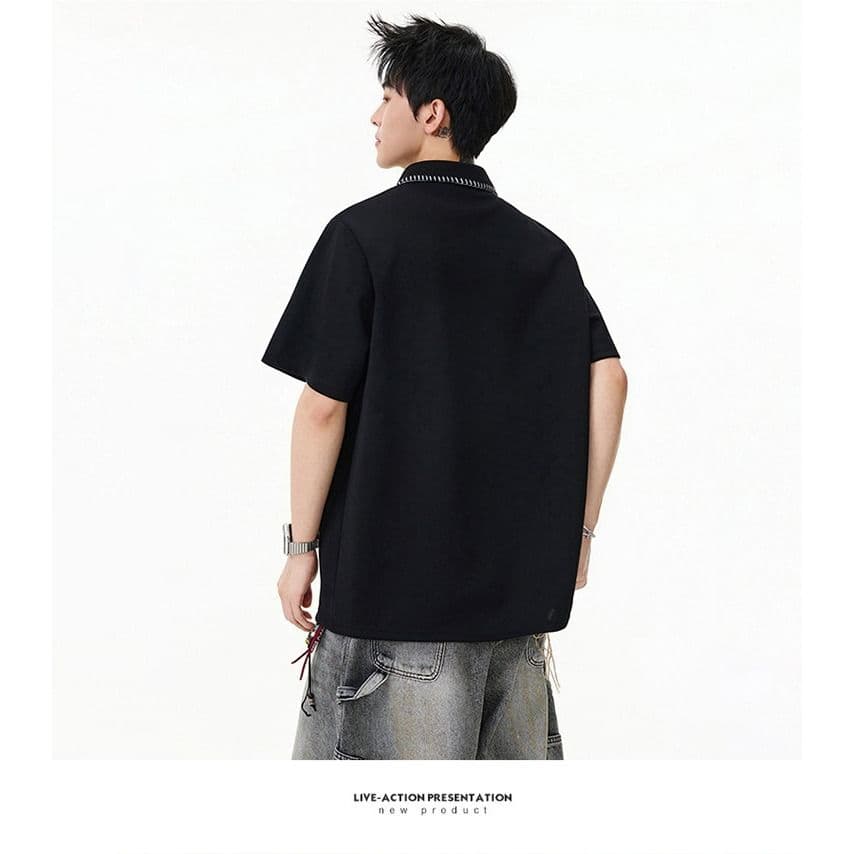 손 바느질 cleanfit 하프 지퍼 POLO 셔츠 반팔 남자 2026 새로운 여름 아메리칸 악당 잘 생긴 긍정적 인 어깨 티셔츠 상세 이미지 6