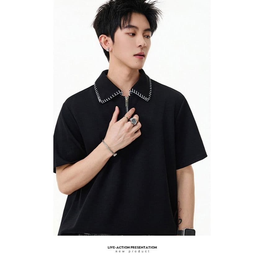 손 바느질 cleanfit 하프 지퍼 POLO 셔츠 반팔 남자 2026 새로운 여름 아메리칸 악당 잘 생긴 긍정적 인 어깨 티셔츠 상세 이미지 7