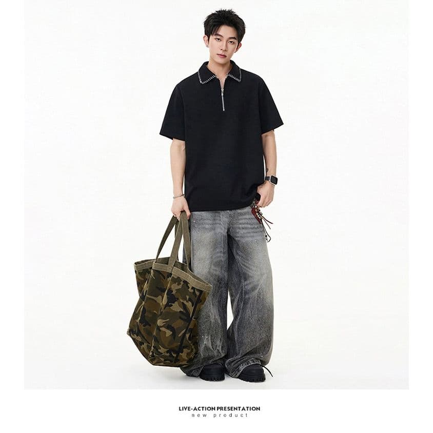 손 바느질 cleanfit 하프 지퍼 POLO 셔츠 반팔 남자 2026 새로운 여름 아메리칸 악당 잘 생긴 긍정적 인 어깨 티셔츠 상세 이미지 8