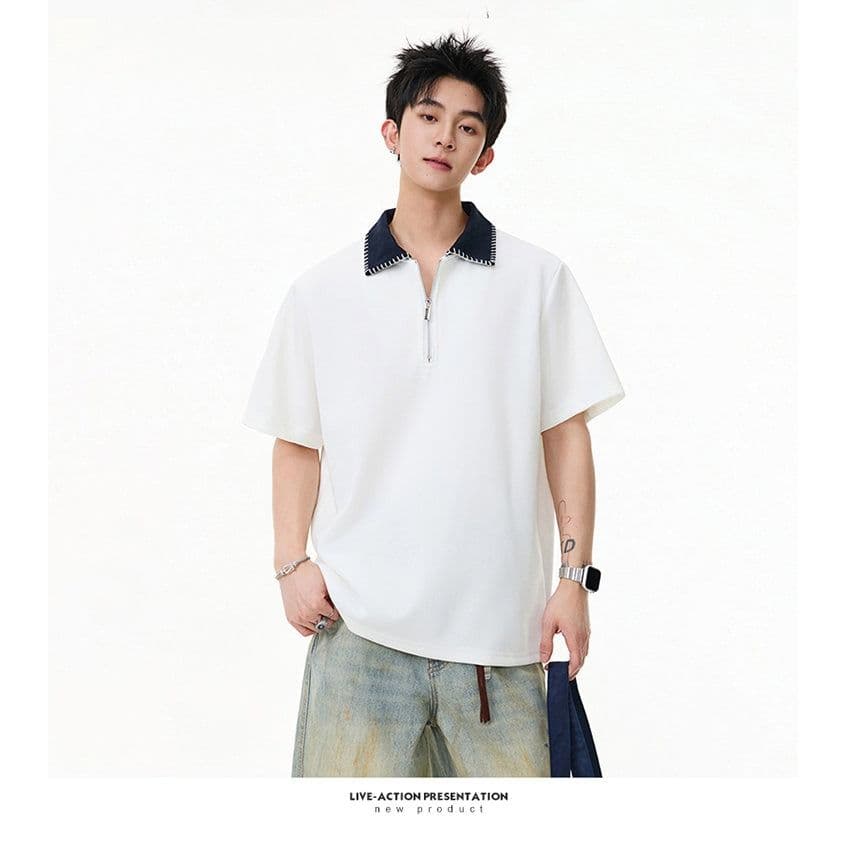 손 바느질 cleanfit 하프 지퍼 POLO 셔츠 반팔 남자 2026 새로운 여름 아메리칸 악당 잘 생긴 긍정적 인 어깨 티셔츠 상세 이미지 9