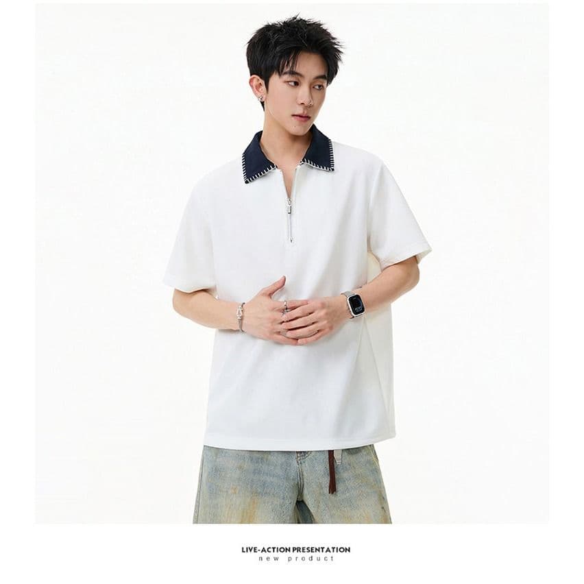 손 바느질 cleanfit 하프 지퍼 POLO 셔츠 반팔 남자 2026 새로운 여름 아메리칸 악당 잘 생긴 긍정적 인 어깨 티셔츠 상세 이미지 10