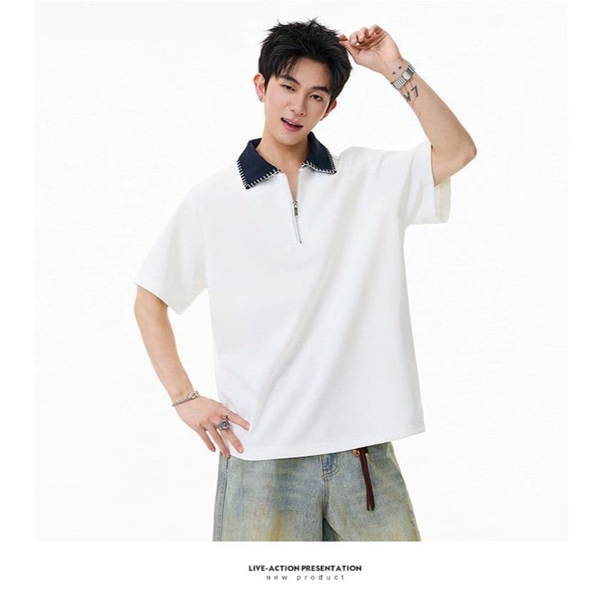 손 바느질 cleanfit 하프 지퍼 POLO 셔츠 반팔 남자 2026 새로운 여름 아메리칸 악당 잘 생긴 긍정적 인 어깨 티셔츠 상세 이미지 11