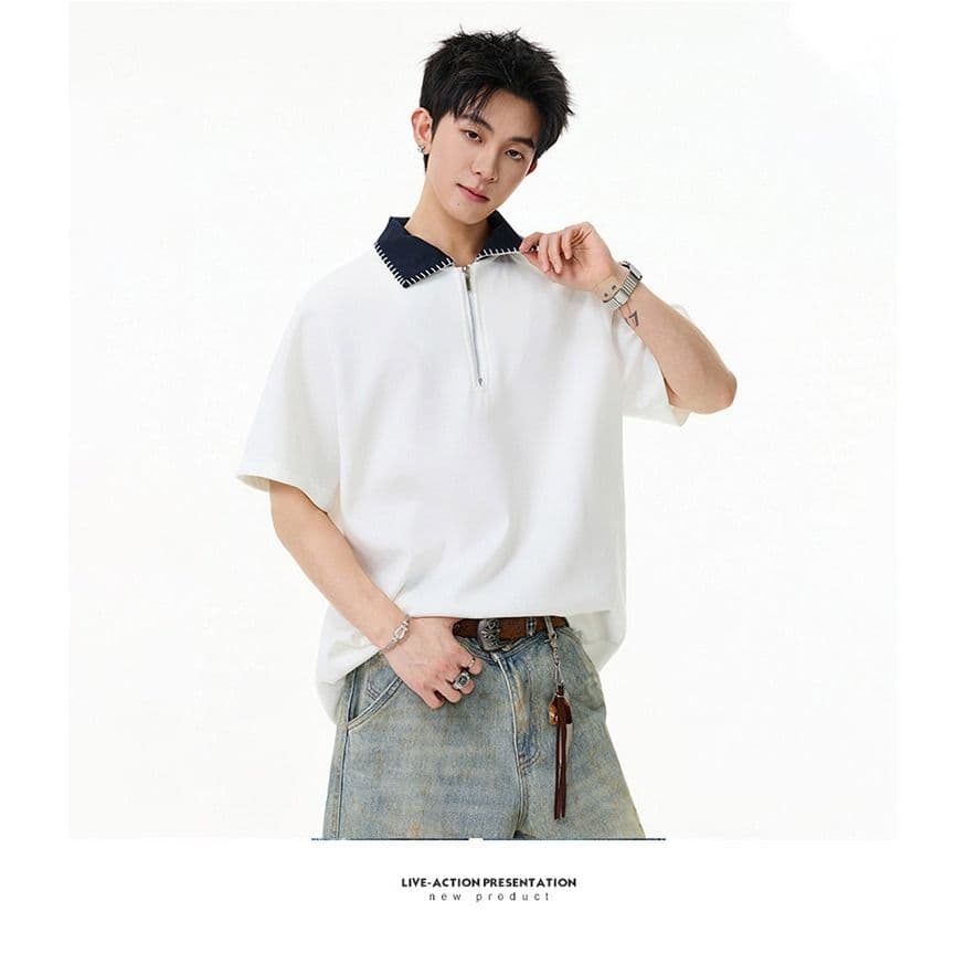 손 바느질 cleanfit 하프 지퍼 POLO 셔츠 반팔 남자 2026 새로운 여름 아메리칸 악당 잘 생긴 긍정적 인 어깨 티셔츠 상세 이미지 12