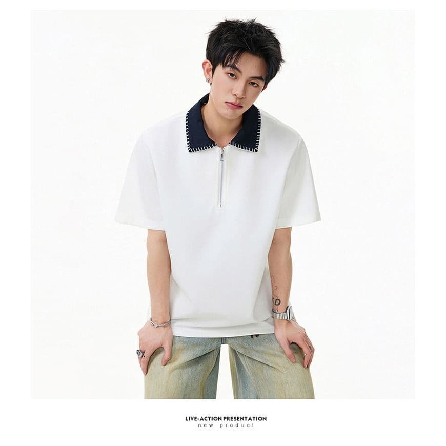 손 바느질 cleanfit 하프 지퍼 POLO 셔츠 반팔 남자 2026 새로운 여름 아메리칸 악당 잘 생긴 긍정적 인 어깨 티셔츠 상세 이미지 13