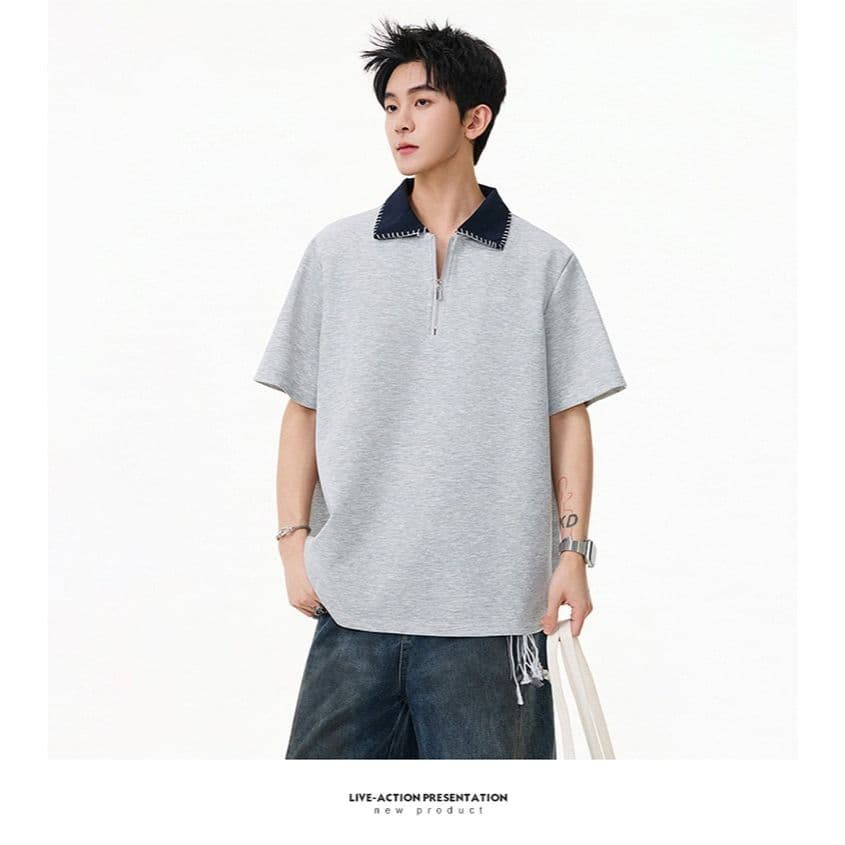 손 바느질 cleanfit 하프 지퍼 POLO 셔츠 반팔 남자 2026 새로운 여름 아메리칸 악당 잘 생긴 긍정적 인 어깨 티셔츠 상세 이미지 14