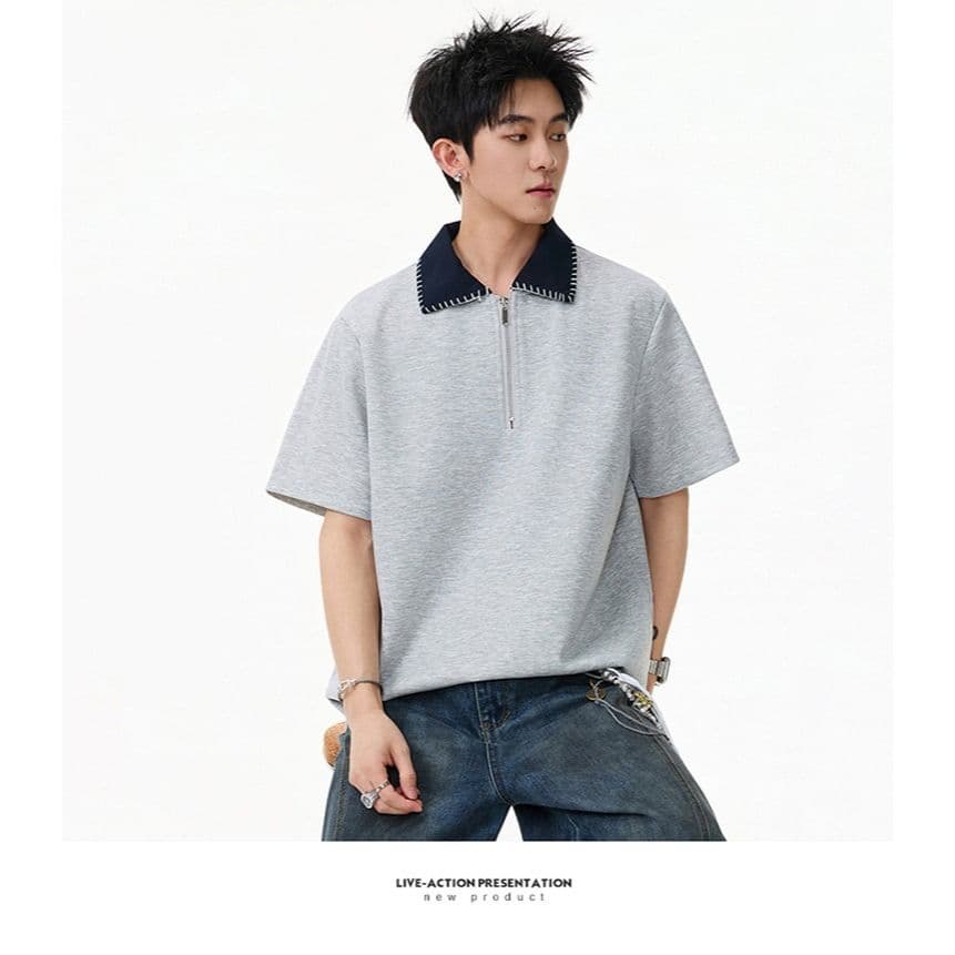 손 바느질 cleanfit 하프 지퍼 POLO 셔츠 반팔 남자 2026 새로운 여름 아메리칸 악당 잘 생긴 긍정적 인 어깨 티셔츠 상세 이미지 15