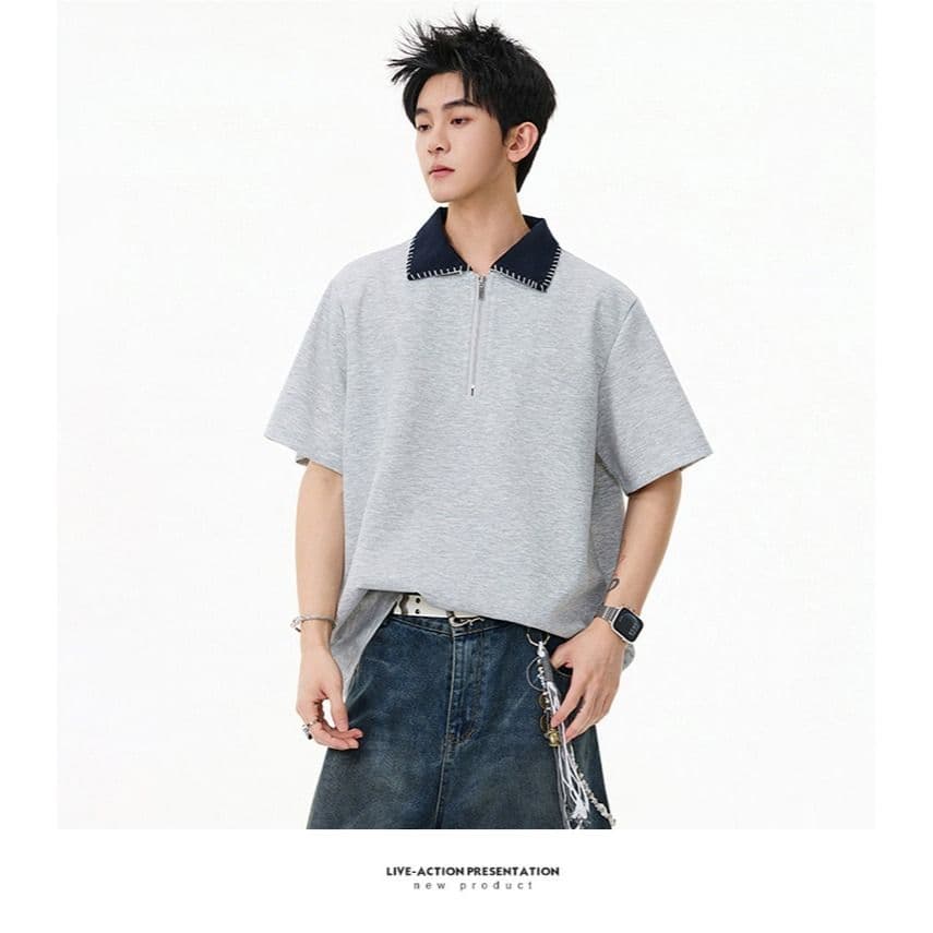손 바느질 cleanfit 하프 지퍼 POLO 셔츠 반팔 남자 2026 새로운 여름 아메리칸 악당 잘 생긴 긍정적 인 어깨 티셔츠 상세 이미지 16