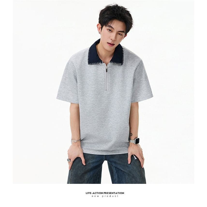 손 바느질 cleanfit 하프 지퍼 POLO 셔츠 반팔 남자 2026 새로운 여름 아메리칸 악당 잘 생긴 긍정적 인 어깨 티셔츠 상세 이미지 17