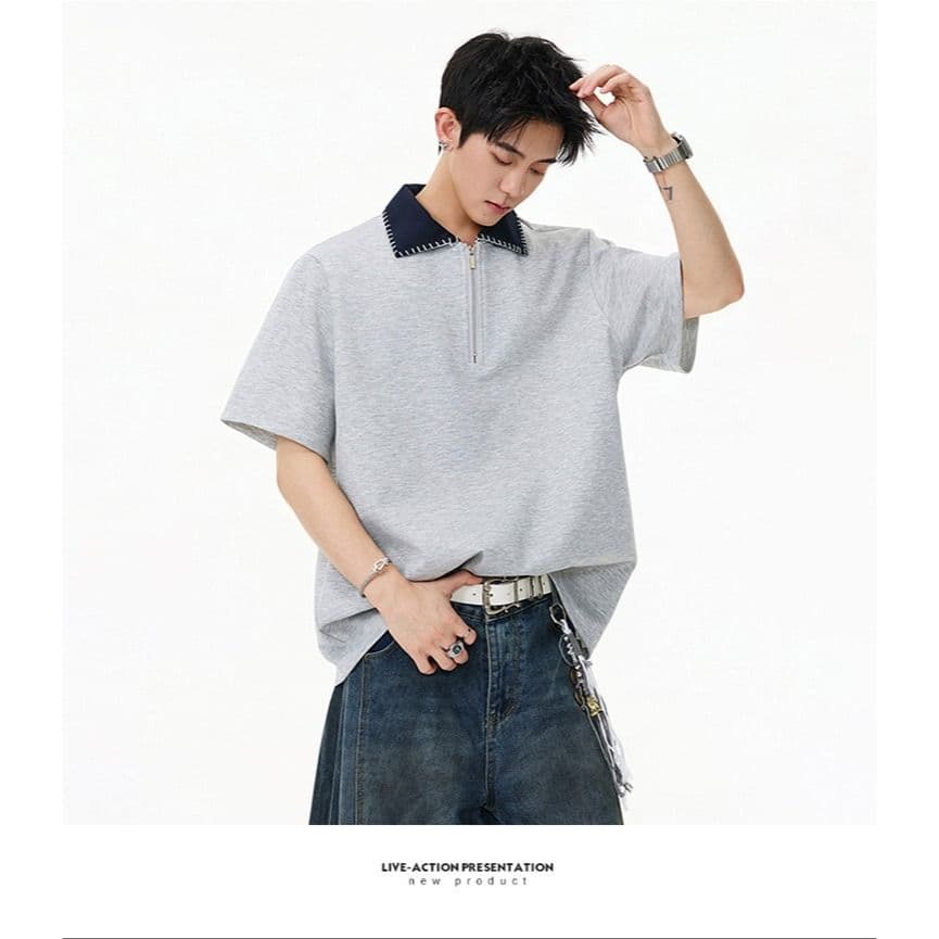 손 바느질 cleanfit 하프 지퍼 POLO 셔츠 반팔 남자 2026 새로운 여름 아메리칸 악당 잘 생긴 긍정적 인 어깨 티셔츠 상세 이미지 18