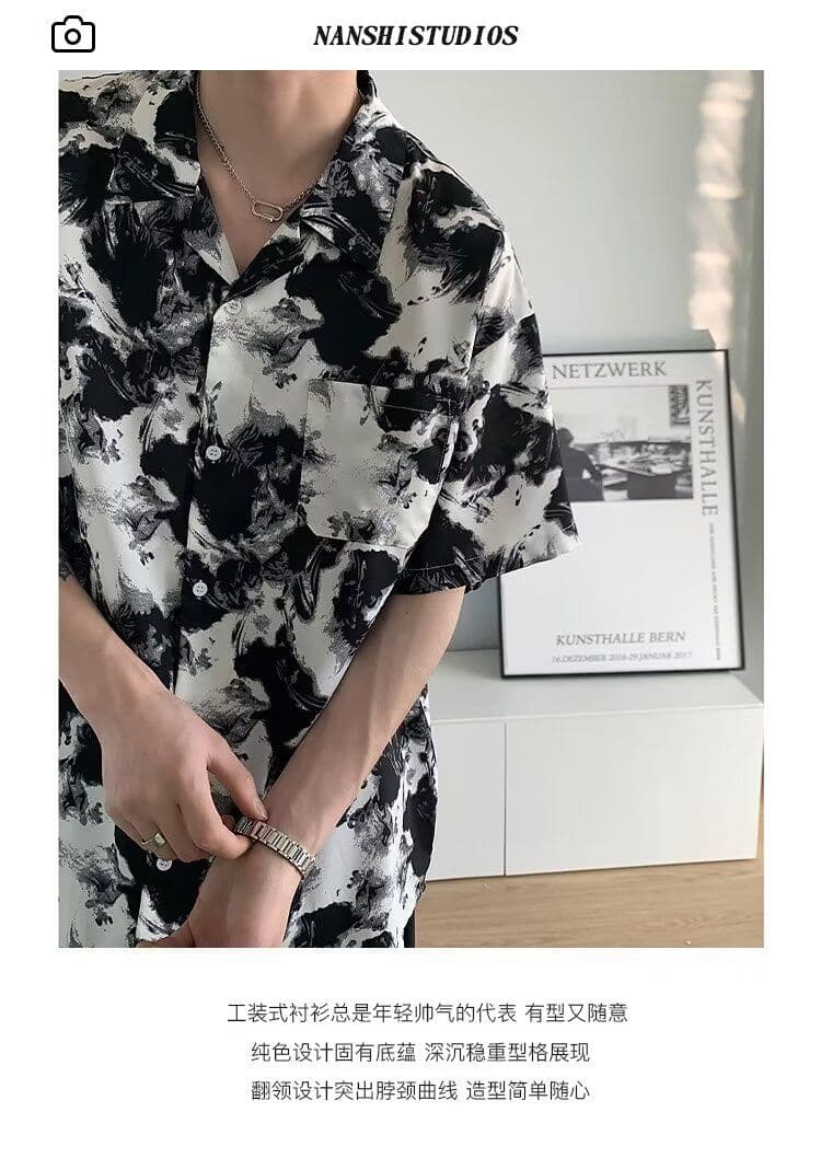 2026 악당 잘 생긴 바람 여름 차가운 센스 통기성 개성 꽃무늬 패션 프린트 폴로 칼라 반팔 루즈핏 남성 셔츠 상세 이미지 1