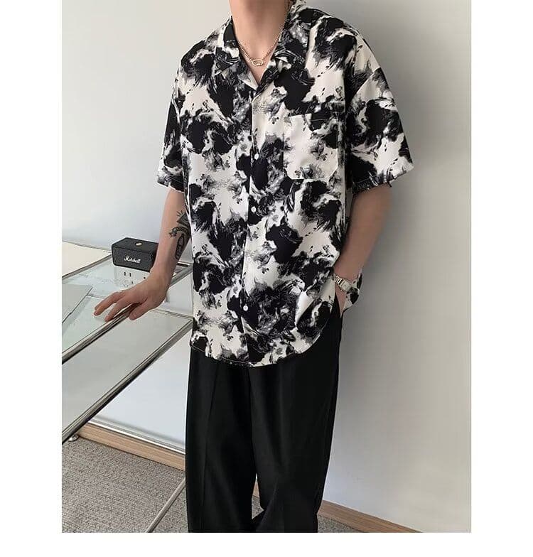 2026 악당 잘 생긴 바람 여름 차가운 센스 통기성 개성 꽃무늬 패션 프린트 폴로 칼라 반팔 루즈핏 남성 셔츠 상세 이미지 7