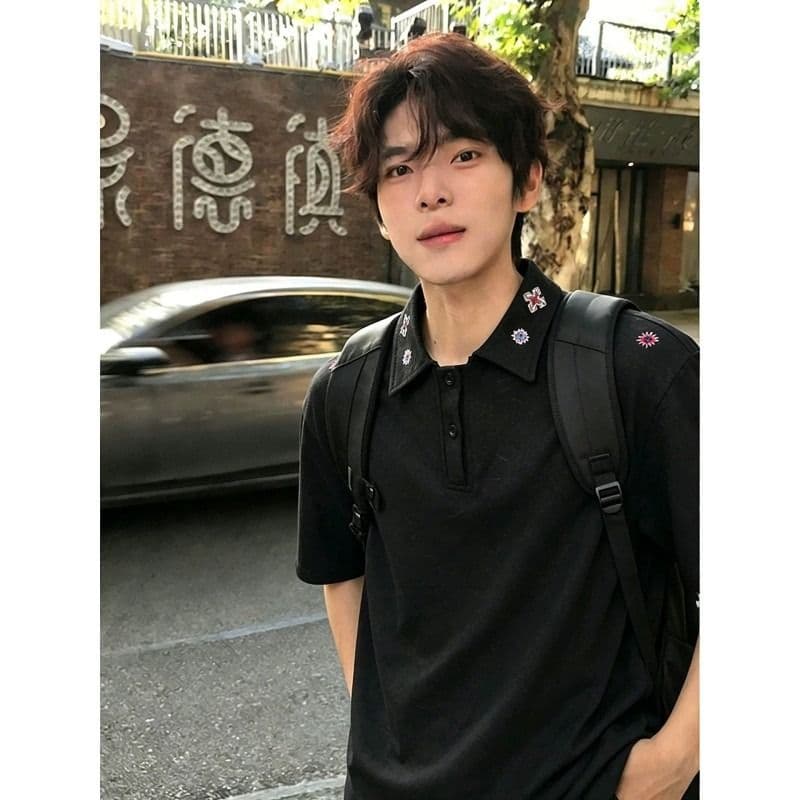 2026 새로운 무거운 꽃무늬 자수 POLO 셔츠 반팔 소년 여름 작은 대중 무거운 티셔츠 아메리칸 반소매 이미지 4
