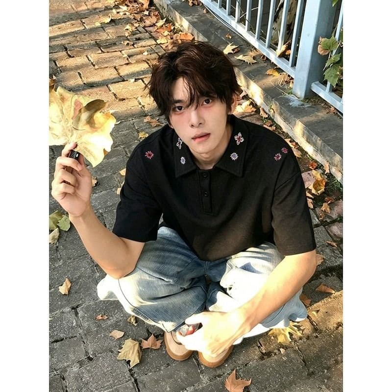 2026 새로운 무거운 꽃무늬 자수 POLO 셔츠 반팔 소년 여름 작은 대중 무거운 티셔츠 아메리칸 반소매 이미지 2