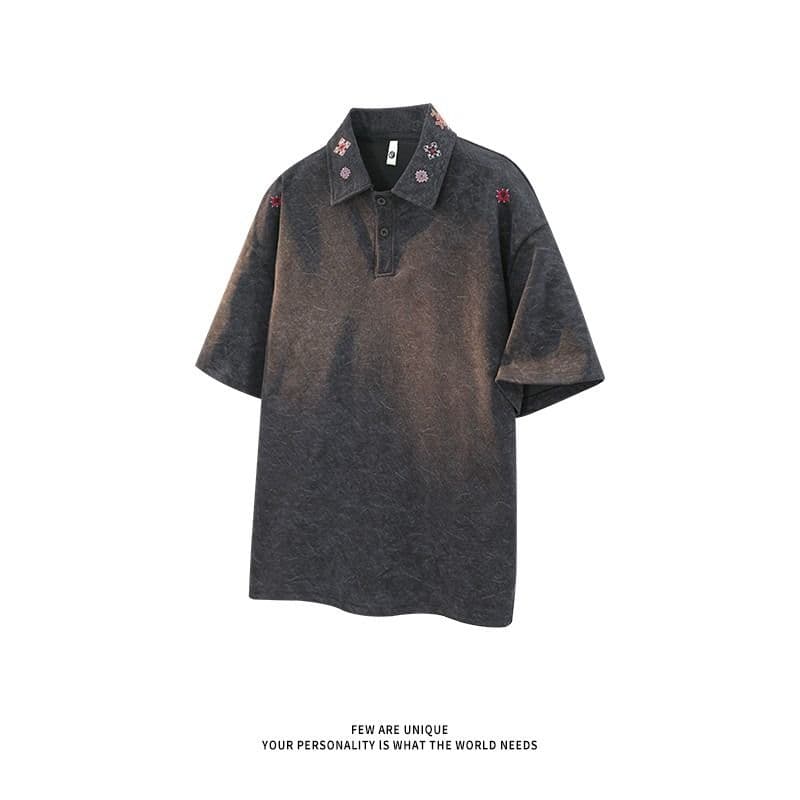 2026 새로운 무거운 꽃무늬 자수 POLO 셔츠 반팔 소년 여름 작은 대중 무거운 티셔츠 아메리칸 반소매 상세 이미지 3