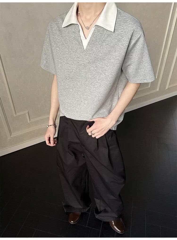 2026 새로운 오래된 돈 바람 페이크 레이어드 배색 갈매기 칼라 티셔츠 남자 미니멀리즘 출퇴근 POLO 칼라 반팔 맨위 상세 이미지 12