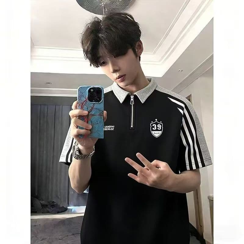 2026 여름 배색 패치워크 plol 셔츠 반팔 하프 지퍼 폴로 칼라 티셔츠 커플 루즈핏 캐주얼 반소매 맨위 이미지 4