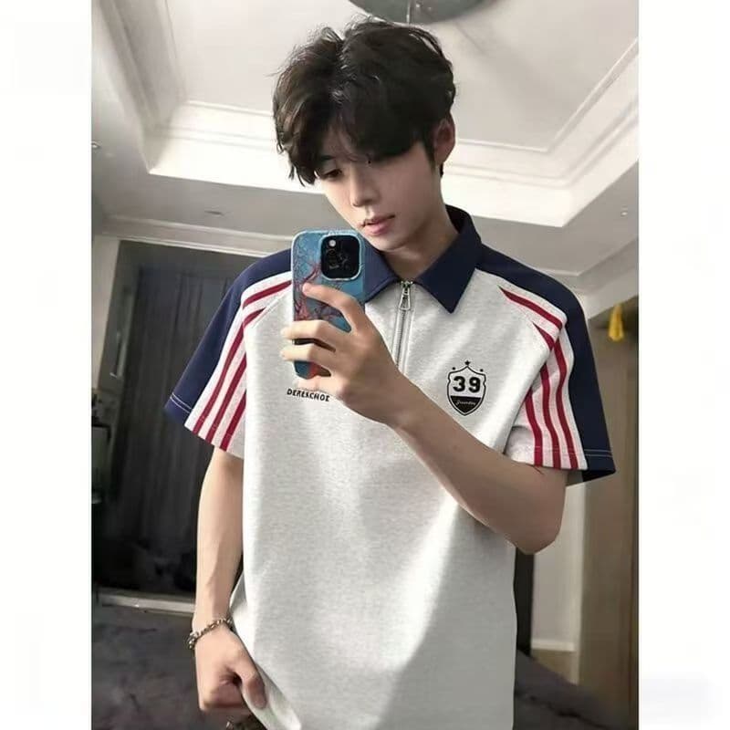 2026 여름 배색 패치워크 plol 셔츠 반팔 하프 지퍼 폴로 칼라 티셔츠 커플 루즈핏 캐주얼 반소매 맨위 상세 이미지 3