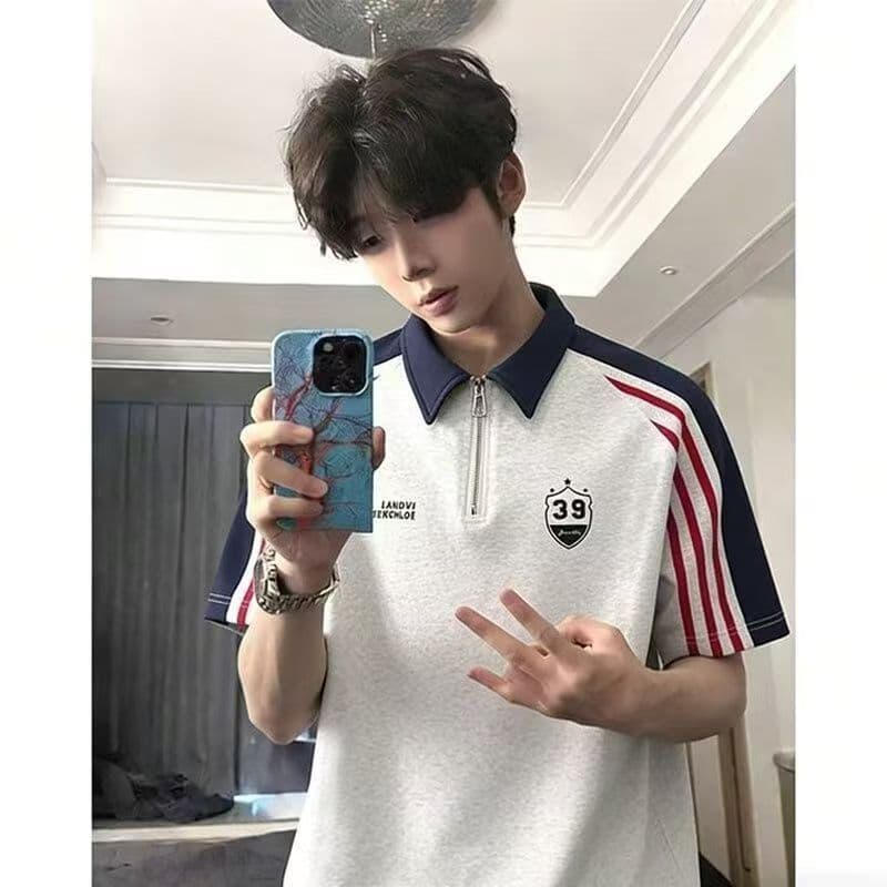 2026 여름 배색 패치워크 plol 셔츠 반팔 하프 지퍼 폴로 칼라 티셔츠 커플 루즈핏 캐주얼 반소매 맨위 상세 이미지 4