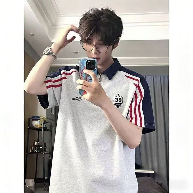 2026 여름 배색 패치워크 plol 셔츠 반팔 하프 지퍼 폴로 칼라 티셔츠 커플 루즈핏 캐주얼 반소매 맨위 상세 이미지 5