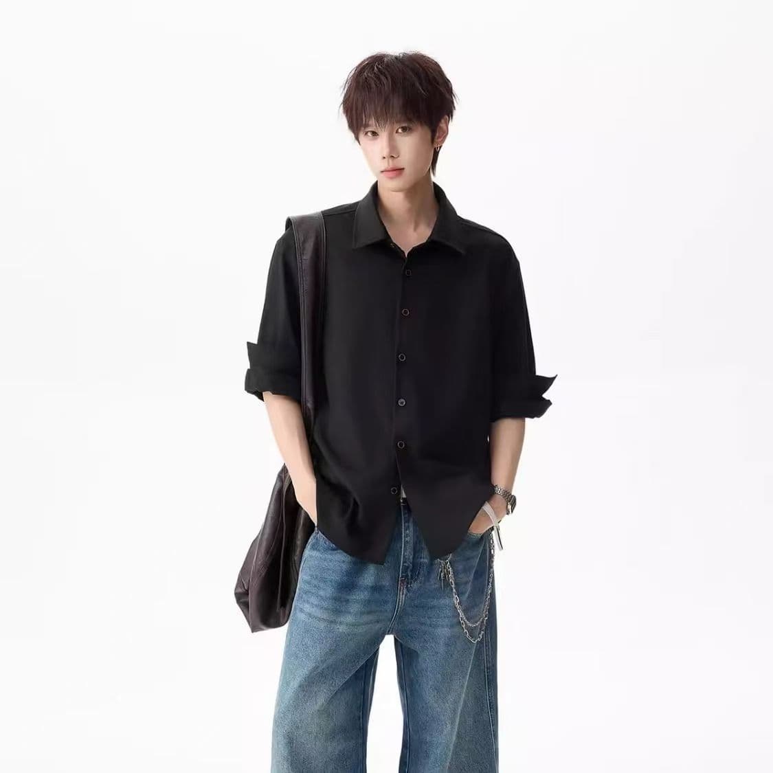 2026 새로운 아마 건방진 녀석 오래된 돈 slim 핏 스타일 롤 슬리브 셔츠 셔츠 남녀 단색 재킷 상세 이미지 6