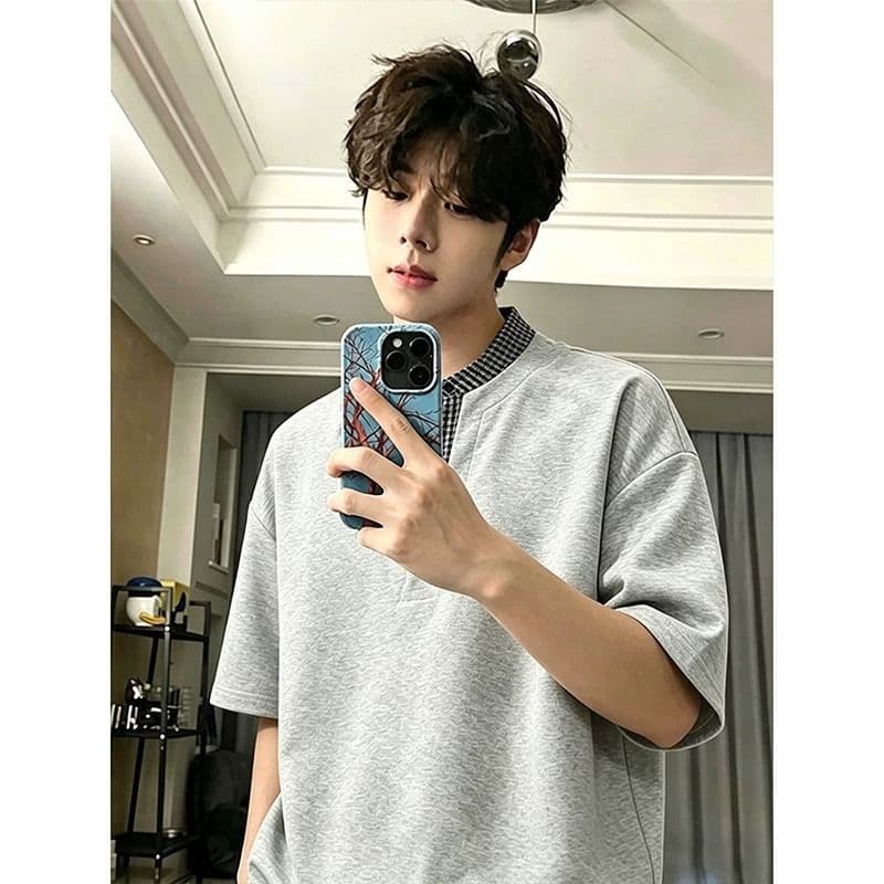 아메리칸 페이크 레이어드 체크무늬 패치워크 반팔 티셔츠 남녀 여름 새로운 조수 브랜드 다용도 루즈핏 헨리 칼라 반소매 이미지 5