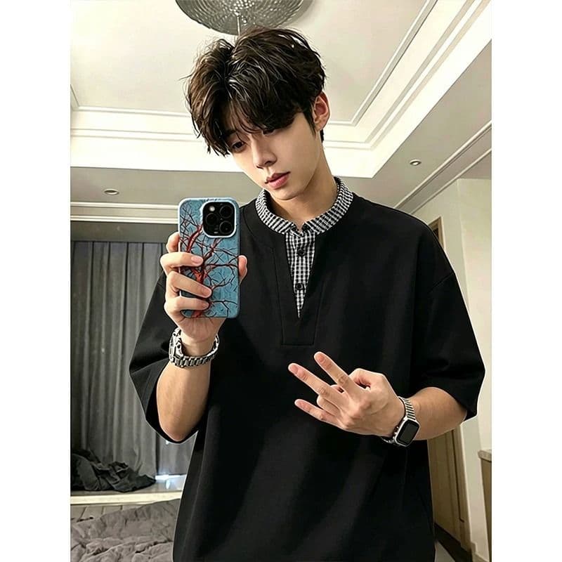 아메리칸 페이크 레이어드 체크무늬 패치워크 반팔 티셔츠 남녀 여름 새로운 조수 브랜드 다용도 루즈핏 헨리 칼라 반소매 이미지 4