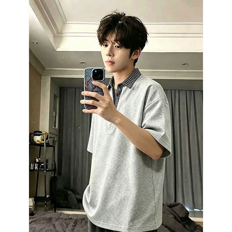 아메리칸 페이크 레이어드 체크무늬 패치워크 반팔 티셔츠 남녀 여름 새로운 조수 브랜드 다용도 루즈핏 헨리 칼라 반소매 이미지 3