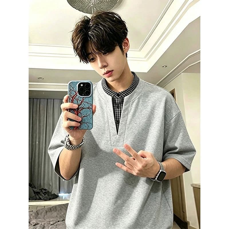 아메리칸 페이크 레이어드 체크무늬 패치워크 반팔 티셔츠 남녀 여름 새로운 조수 브랜드 다용도 루즈핏 헨리 칼라 반소매 상세 이미지 1