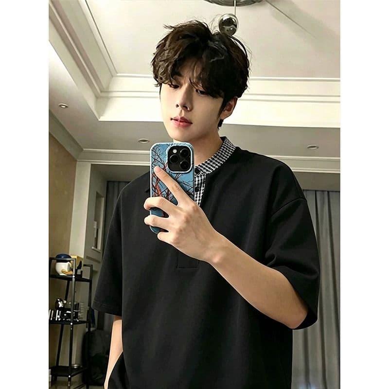 아메리칸 페이크 레이어드 체크무늬 패치워크 반팔 티셔츠 남녀 여름 새로운 조수 브랜드 다용도 루즈핏 헨리 칼라 반소매 상세 이미지 4