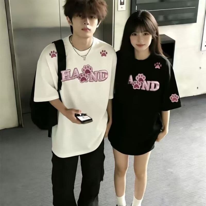 2026 새로운 아메리칸 반팔 티셔츠 여성 루즈핏 순면 자수 티셔츠 커플룩
